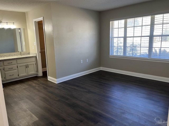 interior space with dark hardwood / wood-style flooring, a textured ceiling, and sink