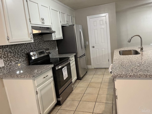 kitchen featuring stainless steel electric stove, light stone counters, white cabinetry, and sink