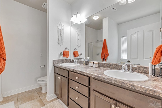 5811 Rustic Ridge Cir, Milton, FL 32570 - full bathroom featuring double vanity, a stall shower, toilet, tile patterned flooring, and baseboards