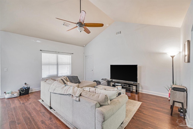 5811 Rustic Ridge Cir, Milton, FL 32570 - living area featuring ceiling fan, dark wood finished floors, high vaulted ceiling, and baseboards