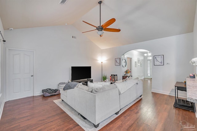 5811 Rustic Ridge Cir, Milton, FL 32570 - living room featuring arched walkways, a ceiling fan, high vaulted ceiling, dark wood-type flooring, and baseboards