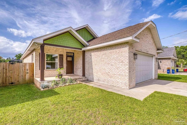 ranch-style home featuring brick siding, a front lawn, fence, and a garage