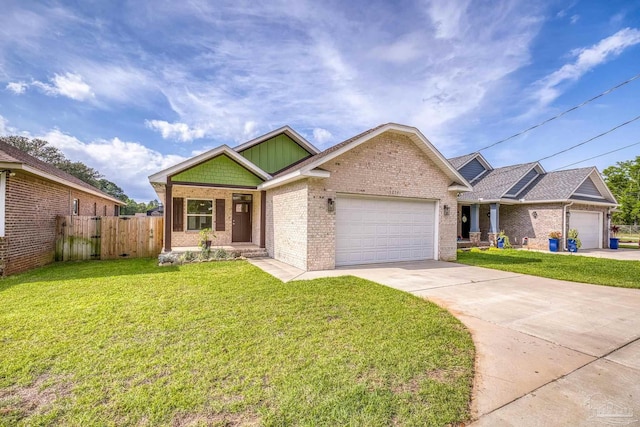 single story home with fence, driveway, brick siding, a front yard, and a garage
