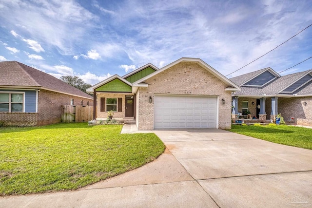 ranch-style home featuring fence, concrete driveway, brick siding, a front yard, and a garage