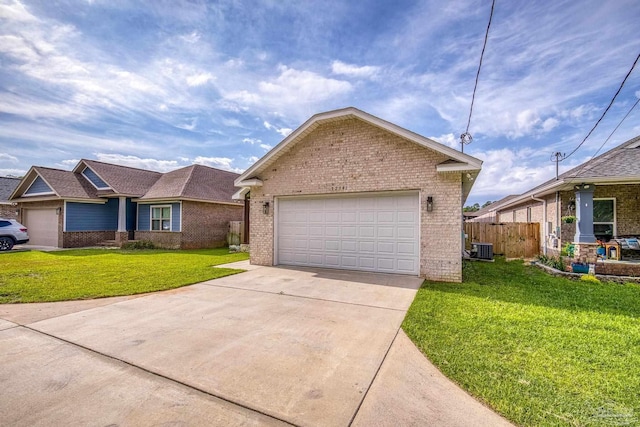 ranch-style house with central AC, concrete driveway, brick siding, a front yard, and a garage
