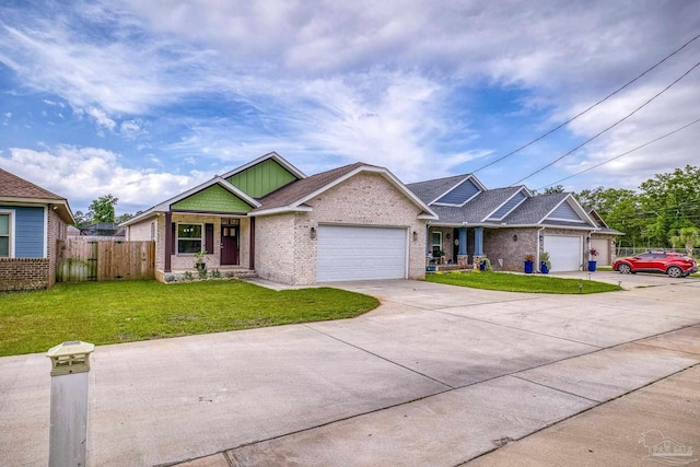 ranch-style house featuring brick siding, an attached garage, concrete driveway, and fence