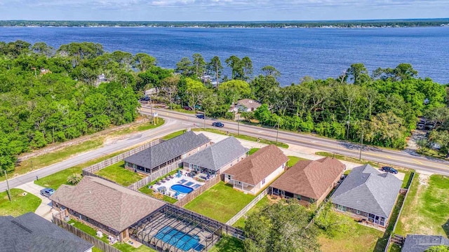 drone / aerial view with a water view