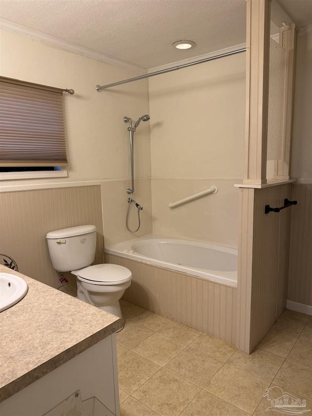 full bathroom with tile patterned flooring, vanity, a textured ceiling, shower / bathtub combination, and toilet