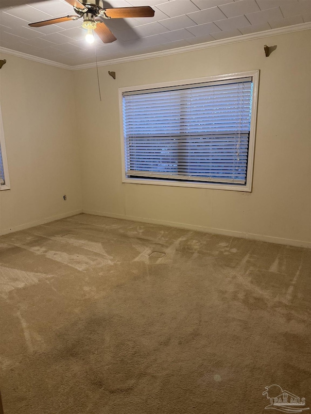 carpeted spare room with crown molding and ceiling fan