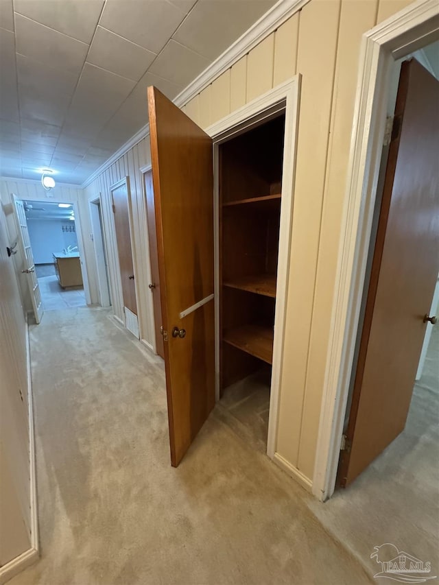 hall with crown molding and light carpet