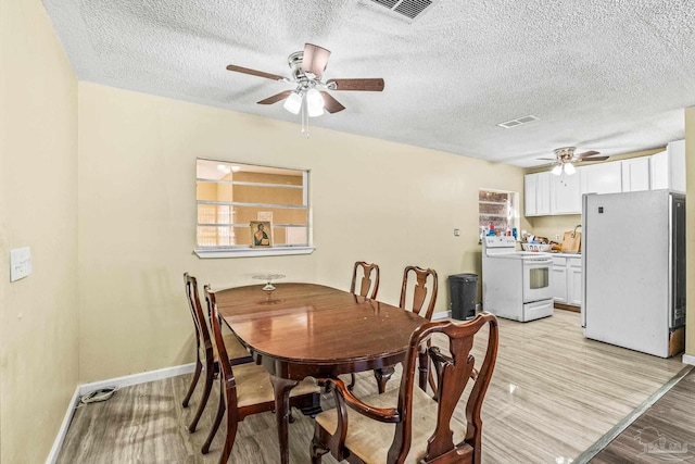 dining area featuring light hardwood / wood-style floors and a textured ceiling