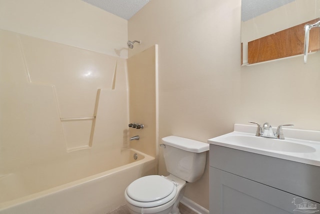 full bathroom with vanity, a textured ceiling, toilet, and shower / bathtub combination