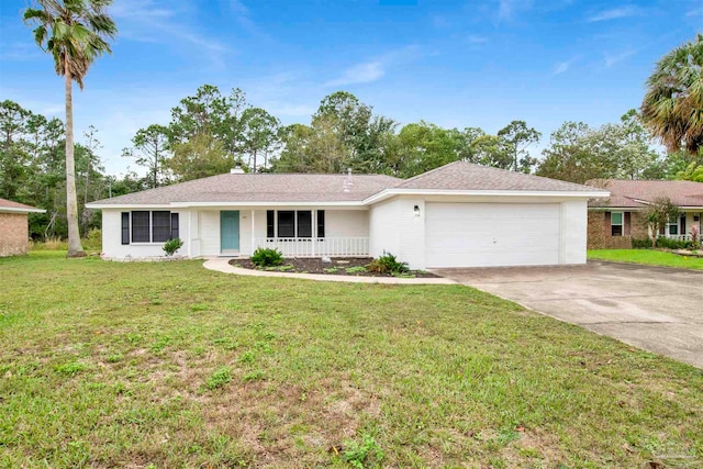 single story home featuring a front lawn, a porch, and a garage