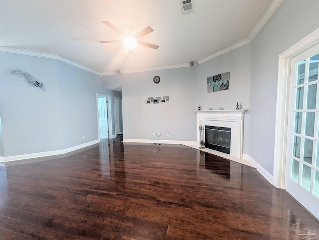 unfurnished living room with wood-type flooring, crown molding, and ceiling fan