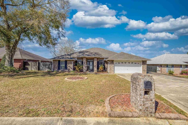 ranch-style house with concrete driveway, an attached garage, fence, and brick siding