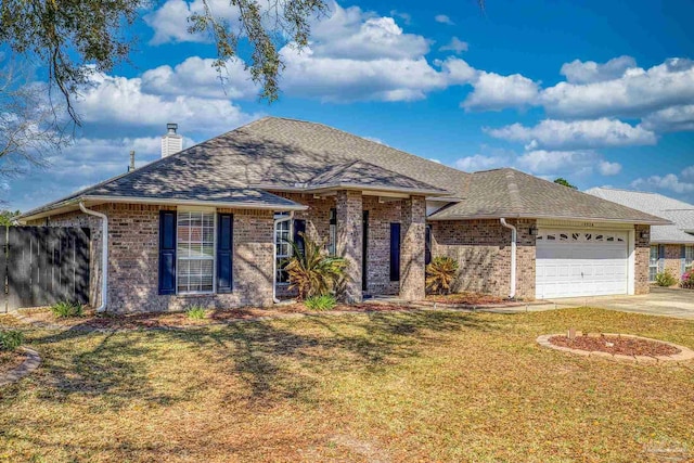 single story home featuring driveway, an attached garage, a shingled roof, a front lawn, and brick siding