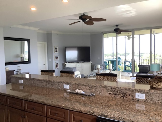 kitchen with crown molding, floor to ceiling windows, and stone counters