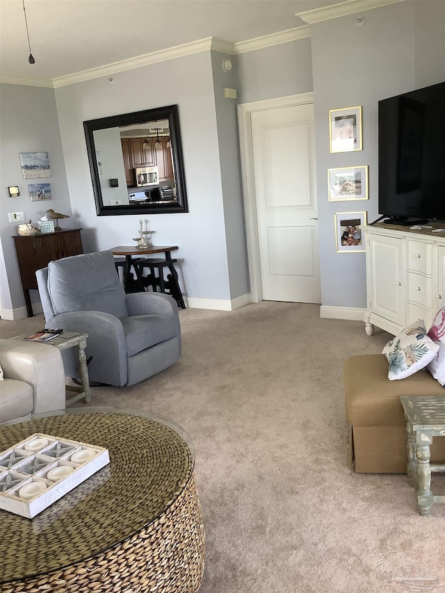 living room featuring ornamental molding and light colored carpet