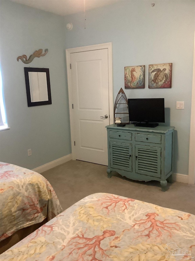 bedroom with light carpet