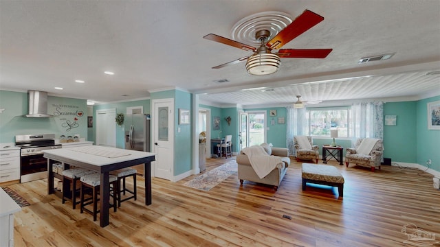 200 Talladega Trl, Pensacola, FL 32506 - living area with light wood finished floors, a ceiling fan, ornamental molding, baseboards, and recessed lighting
