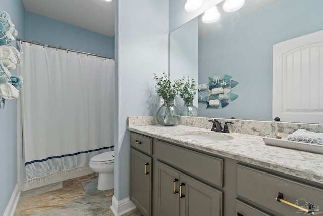 1397 Sabal Palm Dr, Gulf Breeze, FL 32563 - bathroom featuring vanity, baseboards, curtained shower, and toilet