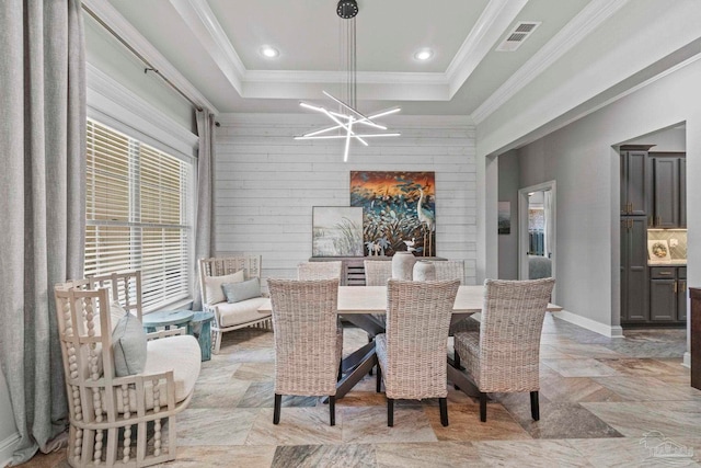 1397 Sabal Palm Dr, Gulf Breeze, FL 32563 - dining room with a tray ceiling, an inviting chandelier, ornamental molding, and visible vents
