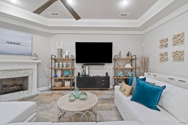 1397 Sabal Palm Dr, Gulf Breeze, FL 32563 - living room with recessed lighting, visible vents, ornamental molding, and a high end fireplace
