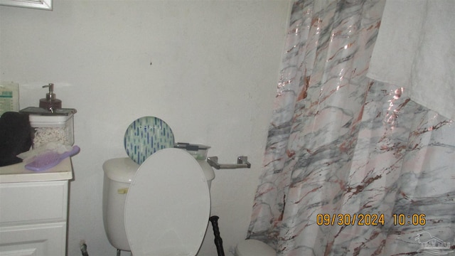 interior details with curtained shower, vanity, and toilet