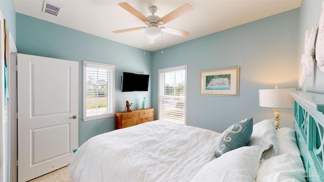bedroom featuring a ceiling fan and visible vents