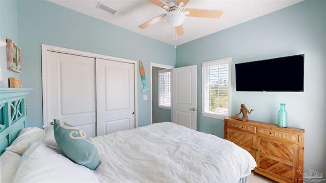 bedroom featuring a ceiling fan, a closet, and visible vents