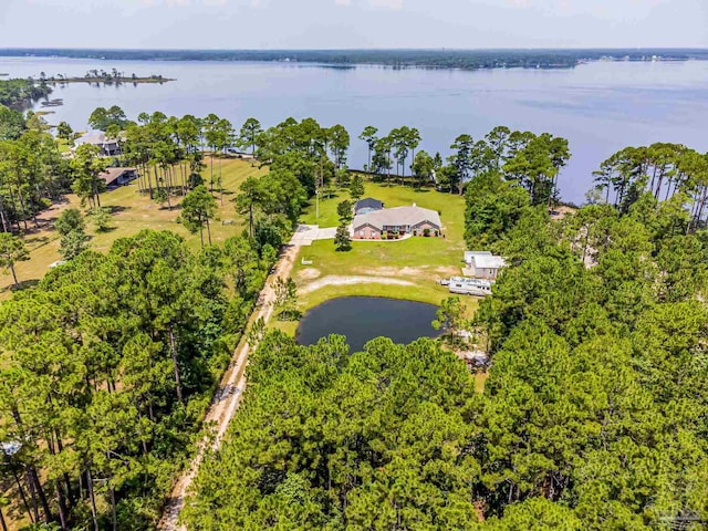 drone / aerial view with a water view