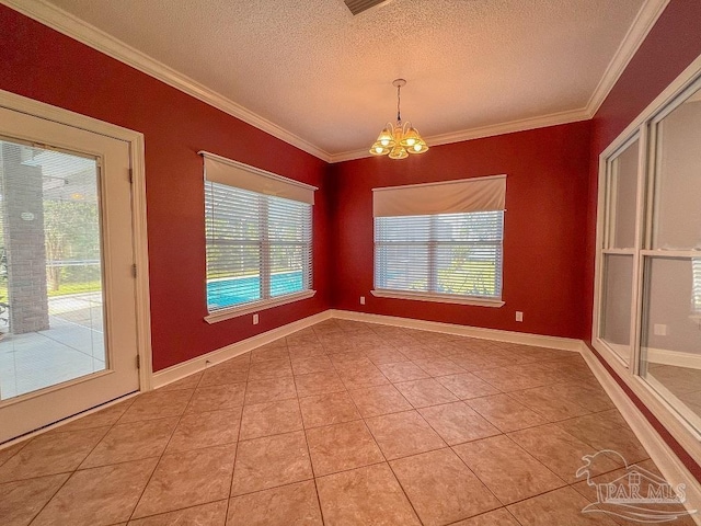 3615 Ward Basin Rd, Milton, FL 32583 - unfurnished room with a chandelier, a textured ceiling, ornamental molding, light tile patterned flooring, and baseboards
