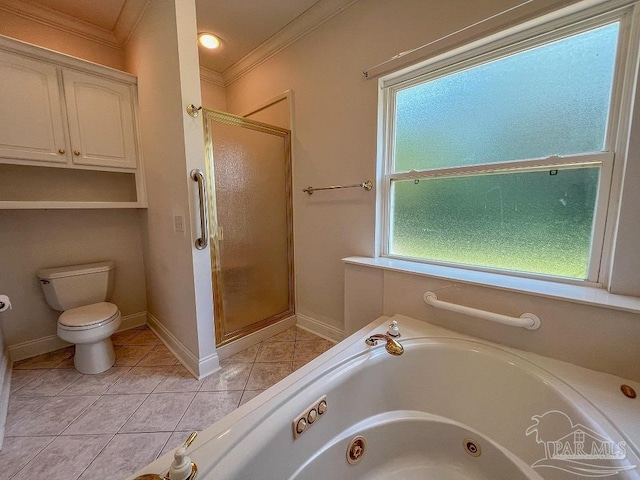 3615 Ward Basin Rd, Milton, FL 32583 - full bathroom with crown molding, a whirlpool tub, a shower stall, tile patterned floors, and plenty of natural light