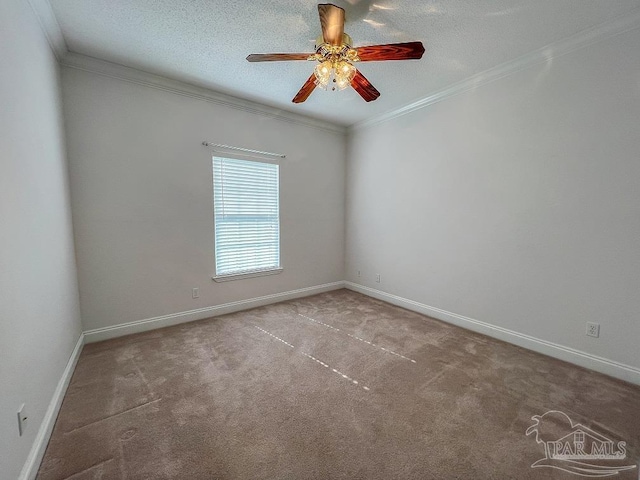 carpeted empty room featuring crown molding, ceiling fan, and a textured ceiling