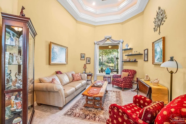 living room with crown molding and light tile patterned floors