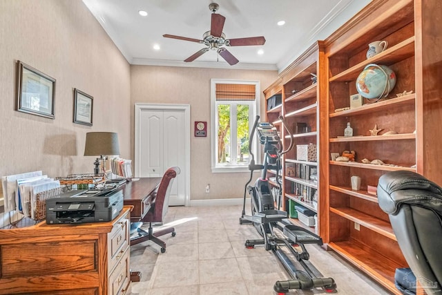 office featuring ornamental molding, light tile patterned floors, and ceiling fan