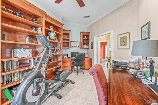 tiled home office featuring crown molding and ceiling fan