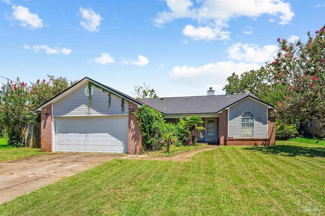 single story home with a garage and a front lawn