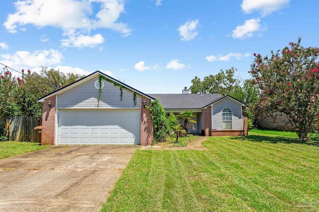 ranch-style home with a garage and a front lawn