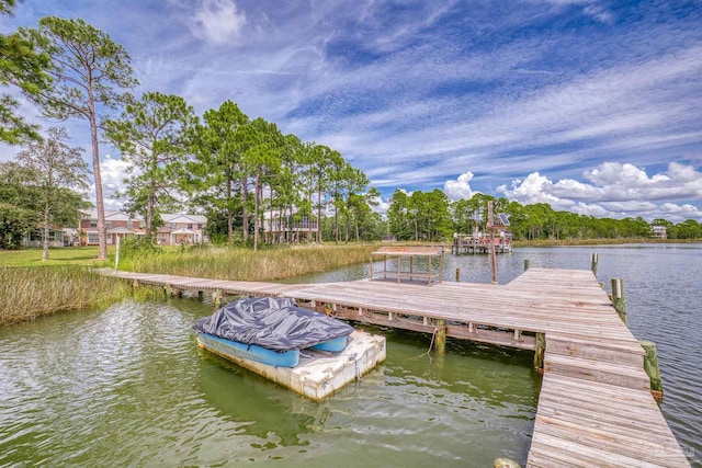 view of dock with a water view