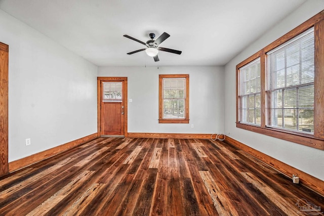 interior space with dark wood-type flooring, plenty of natural light, baseboards, and a ceiling fan