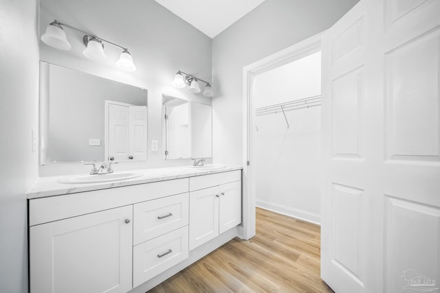 bathroom with vanity and hardwood / wood-style floors