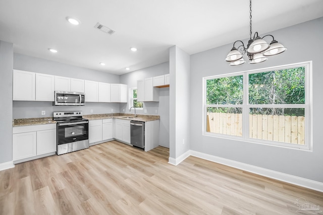 kitchen with sink, white cabinetry, appliances with stainless steel finishes, pendant lighting, and light hardwood / wood-style floors