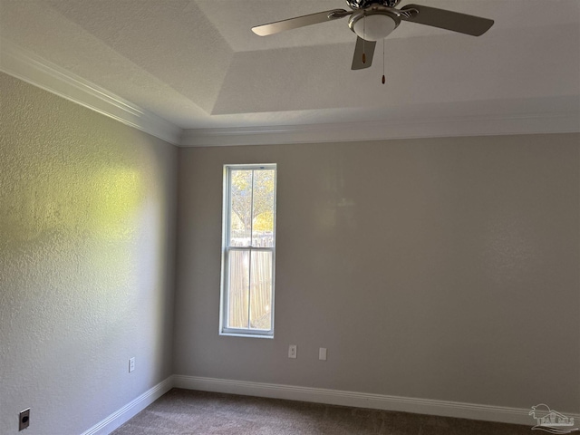 spare room featuring ceiling fan, carpet, a textured ceiling, and ornamental molding