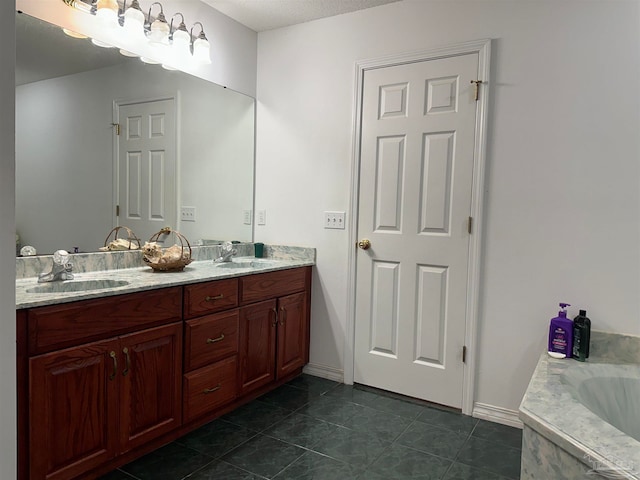 bathroom featuring tiled bath, tile patterned floors, and double sink vanity