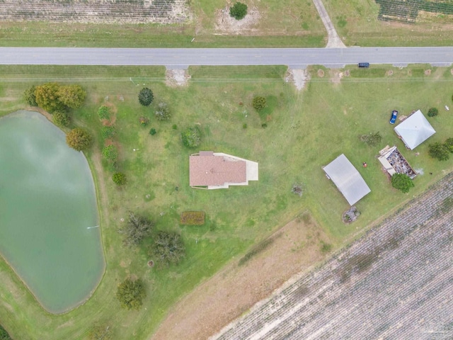 bird's eye view featuring a rural view and a water view