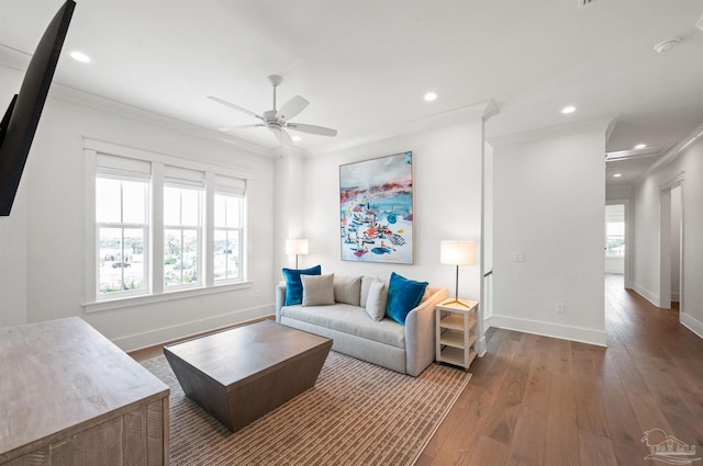 living room featuring dark wood-type flooring, ceiling fan, and crown molding