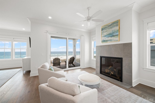 living room featuring a tiled fireplace, a water view, ornamental molding, and wood-type flooring