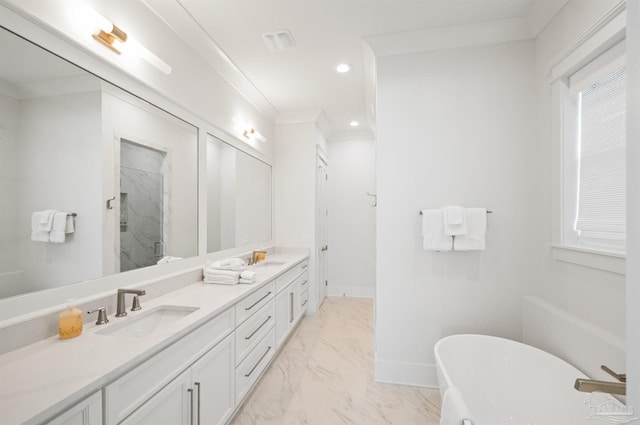 bathroom featuring crown molding, plus walk in shower, and vanity