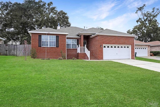 ranch-style home featuring an attached garage, brick siding, fence, concrete driveway, and a front lawn